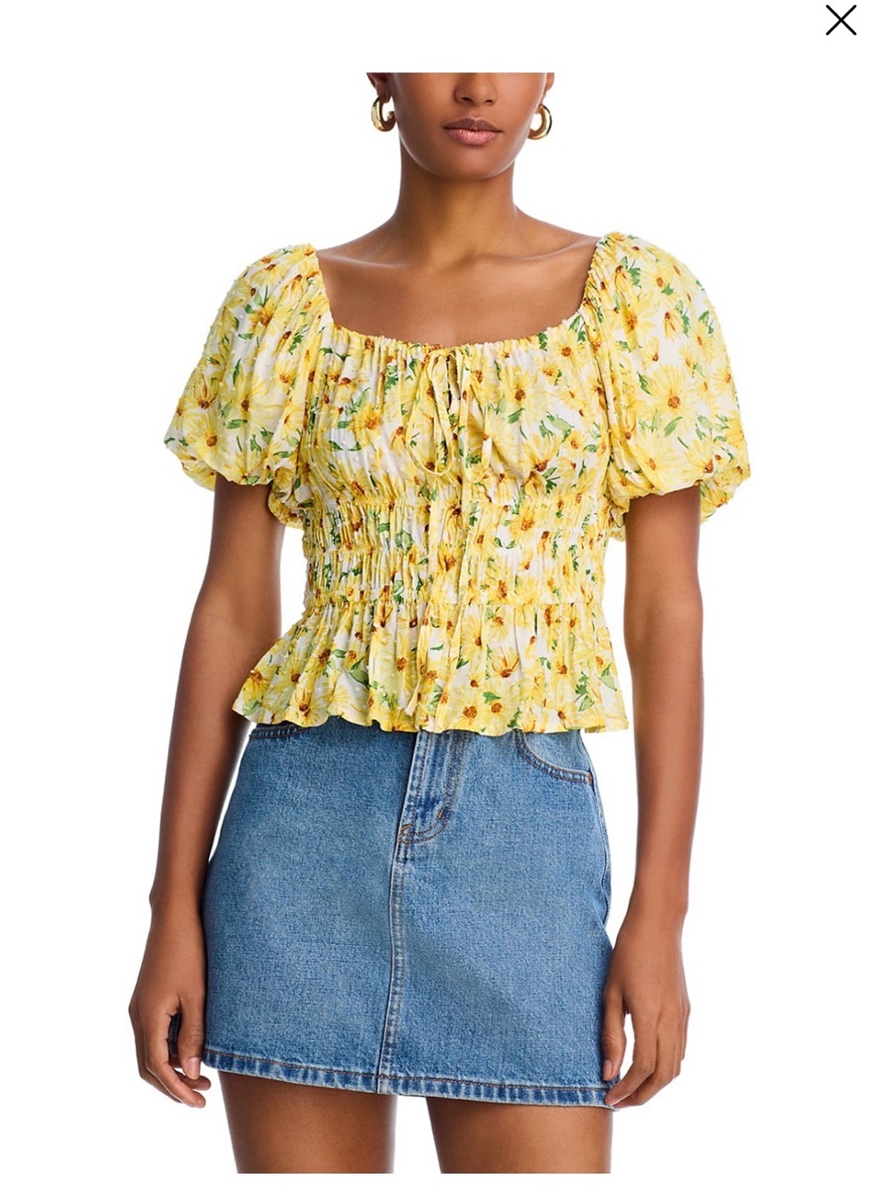 Aqua Yellow Floral Smocked Puff-Sleeve Top